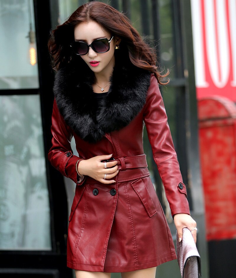 2022 Winter New Women Long Leather Jacket Coat Female Fashion Big Fur Collar Thick Slim Oversize Windbreaker