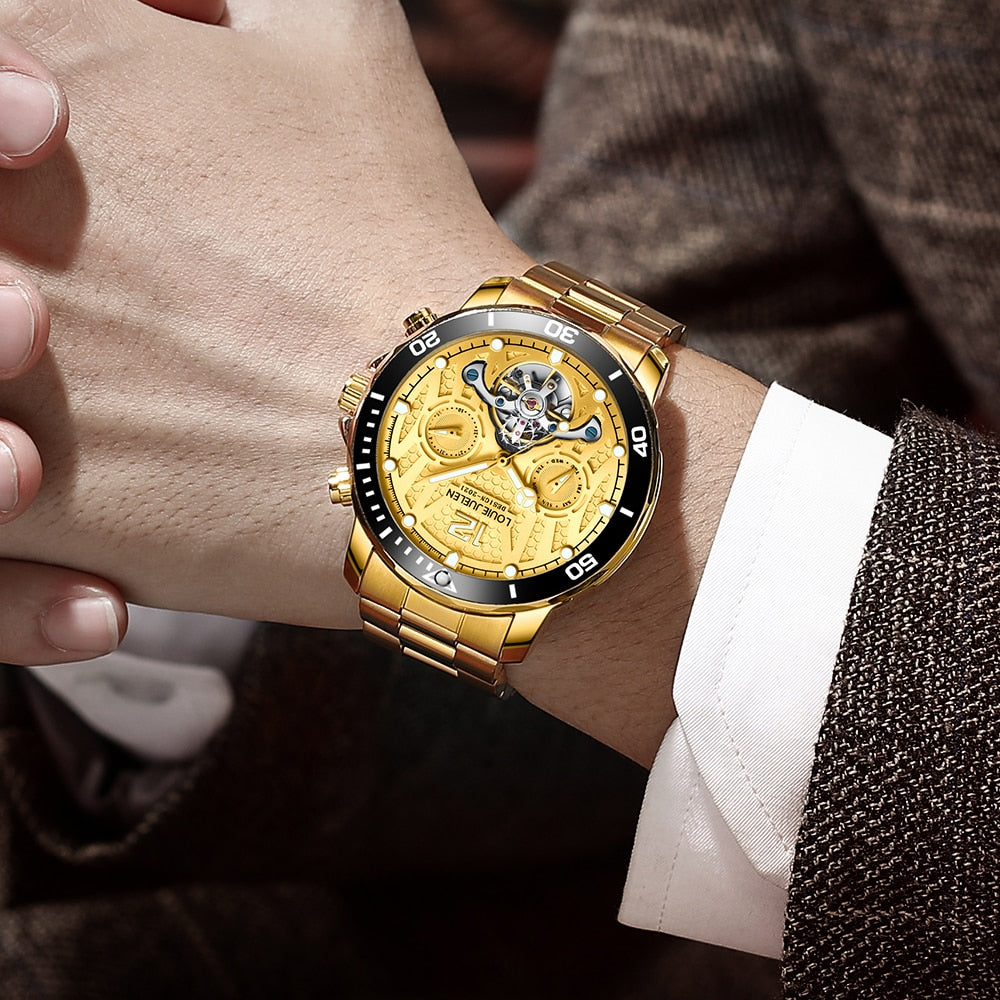 BELUSHI Top Brand Luxury Mens Business Watches Automatic Mechanical Watch Tourbillon Waterproof Clock Stainless Steel Wristwatch