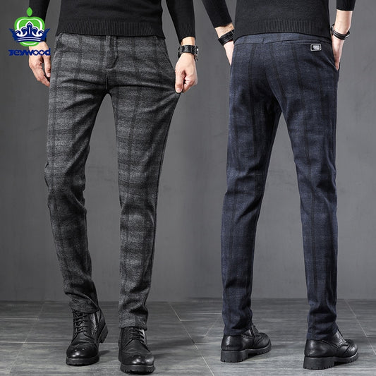 2022 Autumn Winter England Plaid Work Stretch Pants Men Business Fashion Slim Thick Grey Blue Casual Pant Male Brand Trousers 38