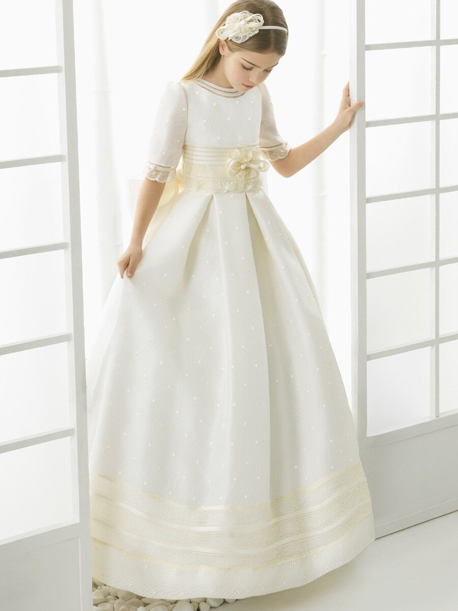 Kids Flower Girl Dresses Bow Satin Floor-Length Girls Pageant Dresses First Communion Dresses For Girls Vestidos De Comunion