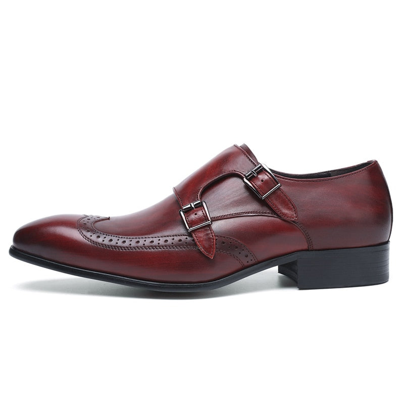 FELIX CHU High Quality Genuine Leather Men Formal Shoes Party Pointed Toe Dressy Wedding Burgundy Black Monk Strap Dress Shoes