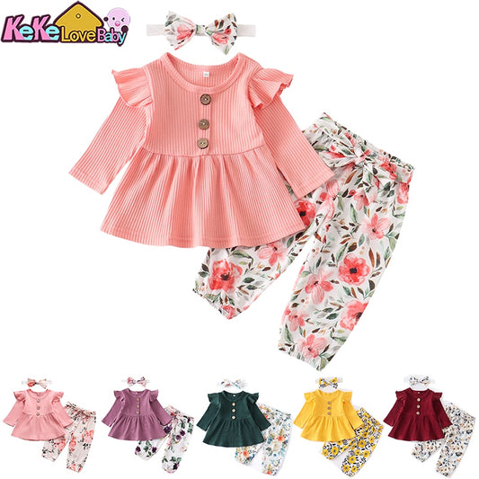 Newborn Baby Girl Clothes Set Solid Knitting Long Sleeve Tops Floral Print Pants Headband 3Pcs Outfits Casual Infant Clothing