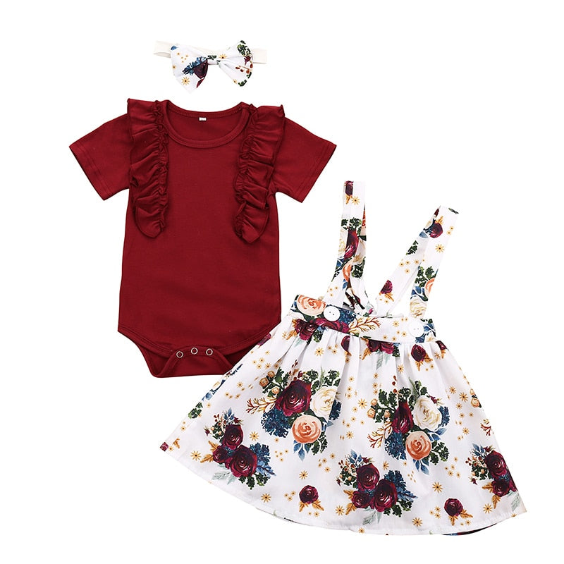 3Pcs Baby Girl Clothes Set Summer Newborn Infant Solid Color Romper Ruffle Floral Dress Overalls Outfit For Toddler Clothing