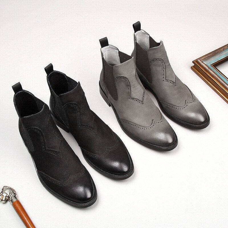 Brand Handmade New Gentlemen Vintage Leather Boots British Style Men Black Gray Botas Slip On Wedding Shoes Male Chelsea Booties