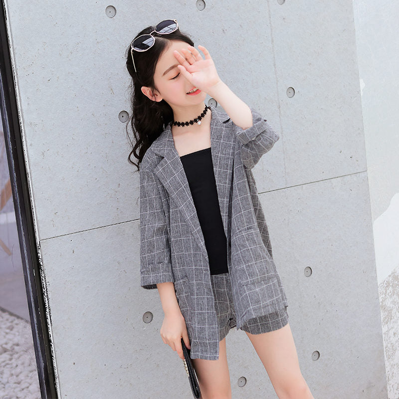 Kids Girls Blazer Jacket + Vest + Shorts 3PCS Tuxedos Suit for Kids Suit Children Girls Blazer For Wedding Party Pink Grey Color
