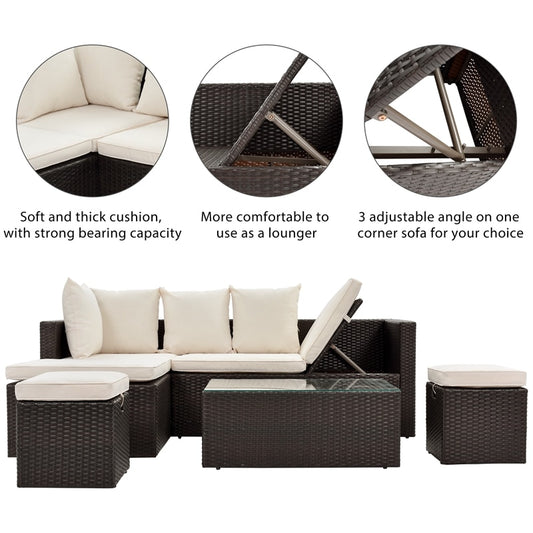 5-Piece All Weather PE Wicker Sofa Set Rattan With Tempered Glass Tea Table And Removable Cushions Adjustable Chaise Lounge