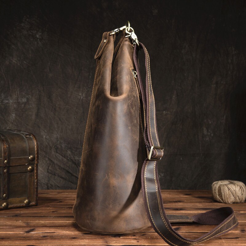 PNDME vintage cylinder design natural genuine leather men&#39;s chest bag fashion casual crazy horse cowhide shoulder crossbody bags