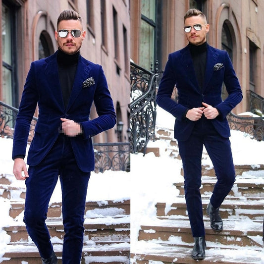Dark Blue One Button Velvet Mens Prom Suits Notched Lapel Celebrity Wedding Tuxedos For Men Two Pieces Blazers (Jacket + Pant)