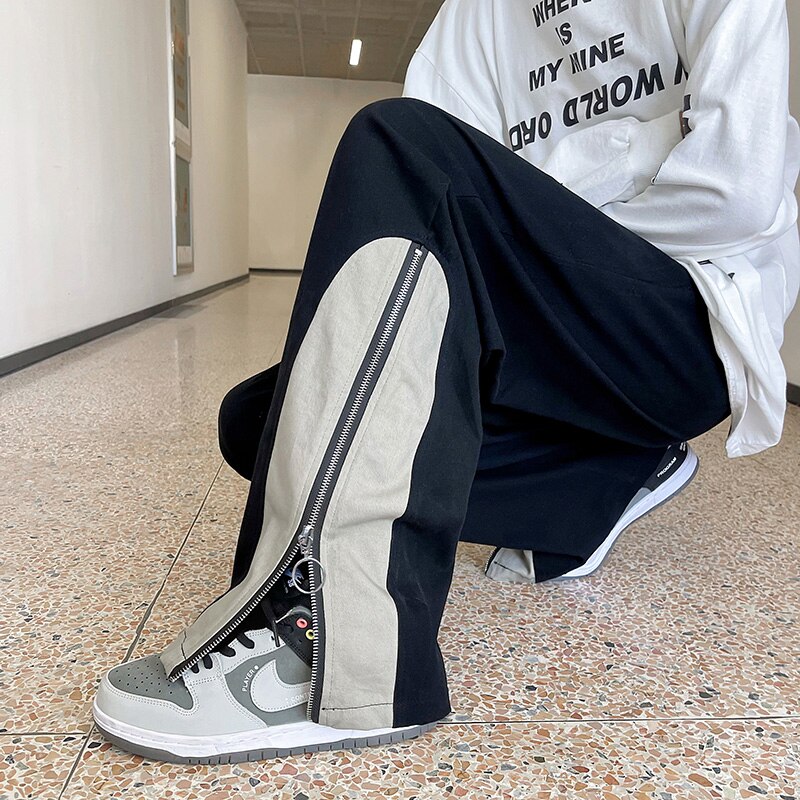 Fashion Side Zipper Casual Wide Leg Pants Khaki/Black Men 2022 Spring Streetwear Loose Straight Pant Mens Patchwork Trousers