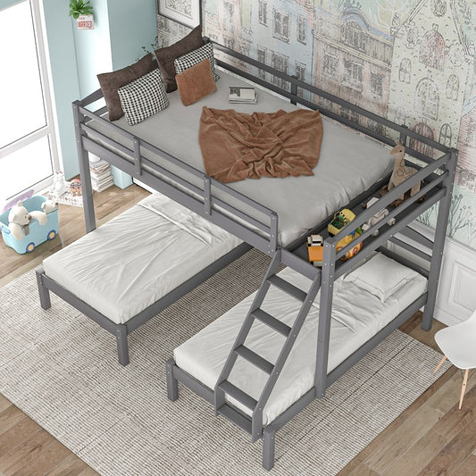 Wood Triple Bunk Bed Full Over Twin &amp; Twin Bunk Bed With Guardrails For Kids Teens Adults