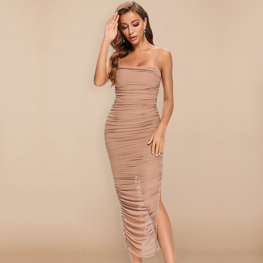 BEAUKEY 2020 Summer New Arrival Sexy Long Bodycon HL Bandage Dresses Women Spaghetti Straps Organza Mesh Maxi Dress Party Club