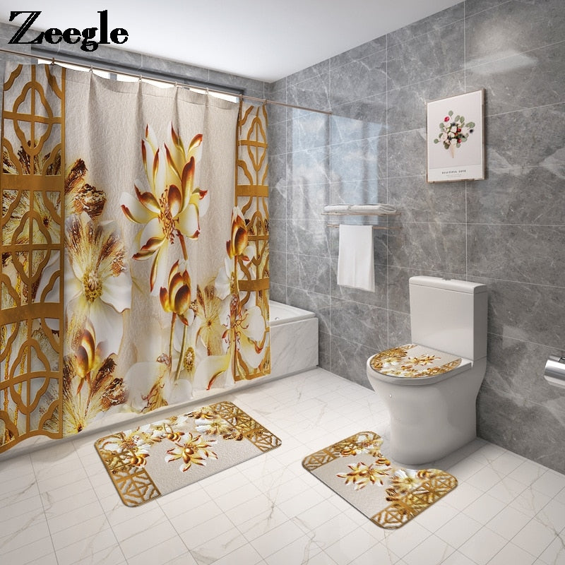 4pcs Floral Bathroom Carpet Bath Curtain Set Toilet Rugs and Shower Curtain Toilet Seat Cover Floor Mat Bathroom Mat Shower Mat
