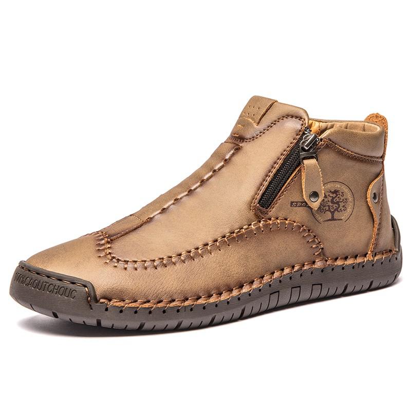 Spring Leather Men Short Boots Autumn Lace-up Flats Medium-top Shoes Outdoor Male Breathable Casual Shoes Handmade Men&#39;s Boots