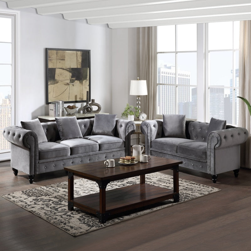 Chesterfield Sofa Set Button Tufted Velvet Upholstered Low Back Loveseat &amp; 3 Seat Sofa Roll Arm Classic,5 Pillows Sectional Sofa