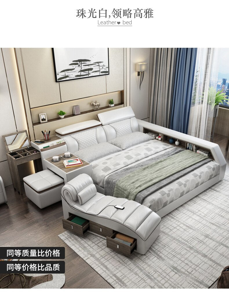 Genuine Leather multifunctional massage bed frame Nordic camas ultimate bed LED light Bluetooth speaker safe radio notepad board