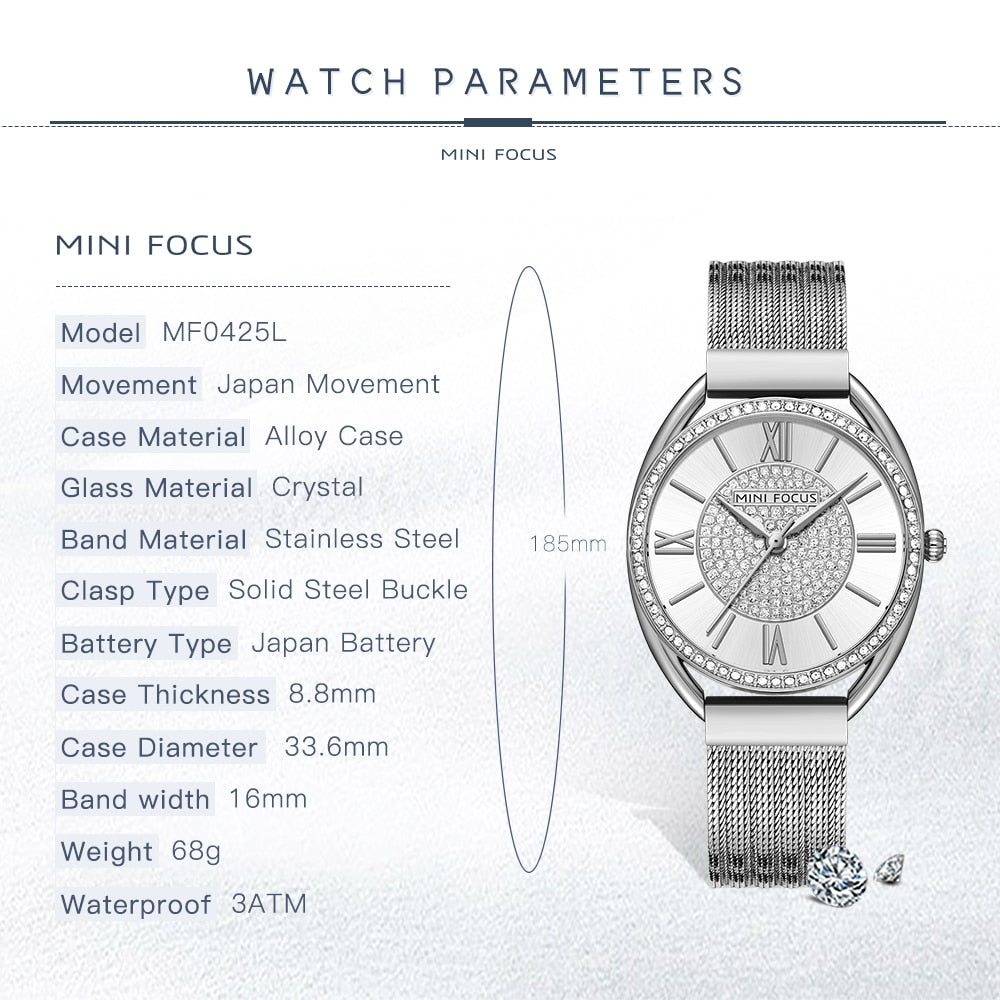 MINI FOCUS Trendy Crystal Watch for Women Business Dress Ladies Watches Top Brand Luxury Diamond Quartz  Steel Strap Wristwatch