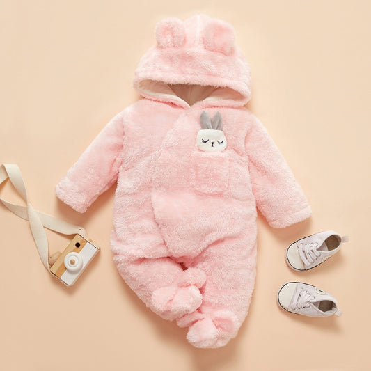 PatPat Baby Girls Clothes Solid Fleece Rabbit Hooded Footed / Long-sleeve Baby Jumpsuit Unisex Baby Winter Clothes for Newborn