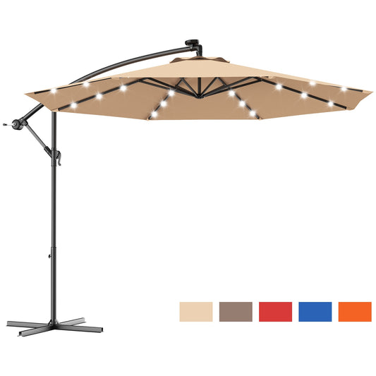 Costway 10&#39; Hanging Solar LED Umbrella Patio Sun Shade Offset Market W/Base OP70754