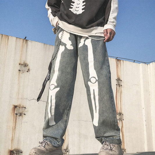 Men Jeans Skeleton Oversized Straight jeans Black Pants 2021 Denim Mens Streetwear Hip Hop Harem Pants High Wasit Denim Pants