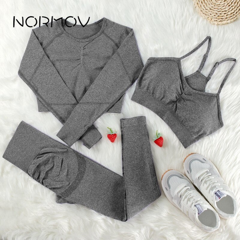NORMOV Yoga Sets 2/3/4 Pieces Sports Seamless Fitness Suits Gym Sexy Sets 2021 Long Short Women Set Workout Sportswear