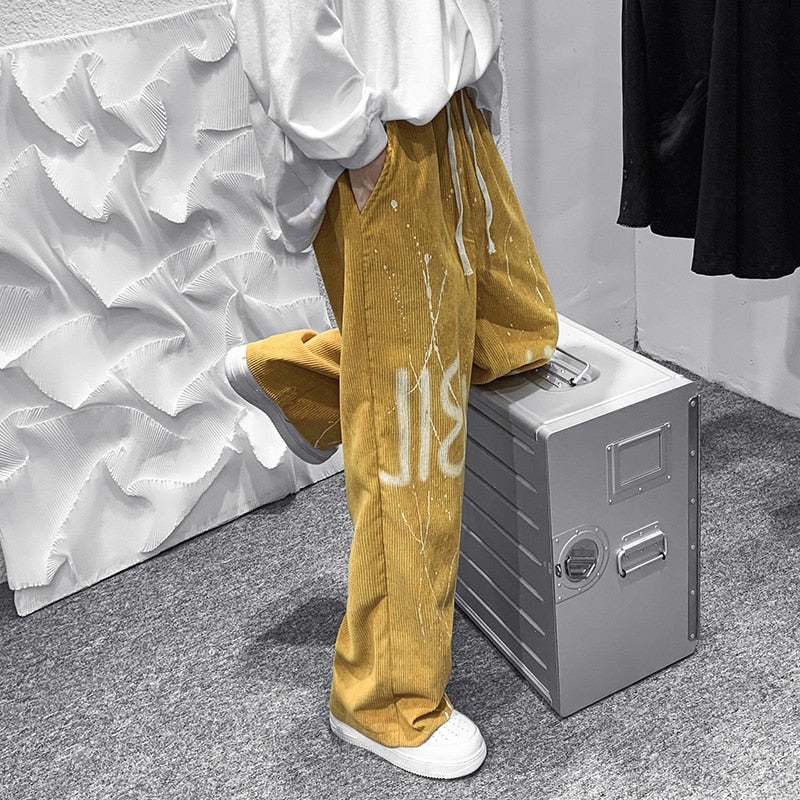 Graffiti Corduroy Pants Mens Autumn Winter New Casual Trousers Male Drawstring Sweatpants Streetwear Fashion Hip Hop Pants