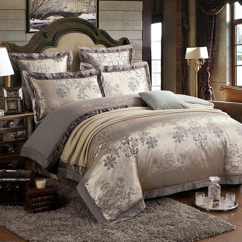 Sliver Gold Luxury Silk Satin Jacquard duvet cover bedding set queen king size Embroidery bed set bed sheet/Fitted sheet set