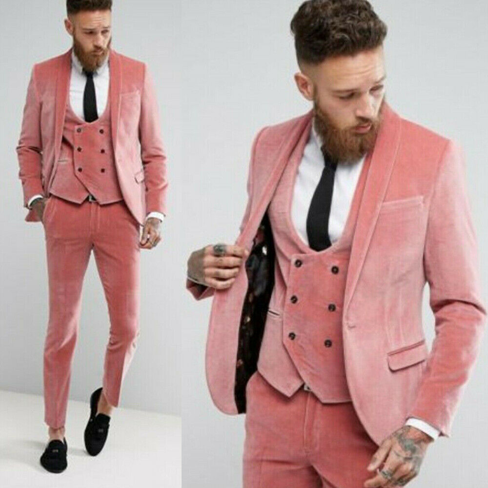 Light Blush Pink Velvet Slim Fit Men Suit Wedding Tuxedos Best Man Formal Suit Groom Blazer 3 PCS Jacket Vest Pant Ropa Hombre