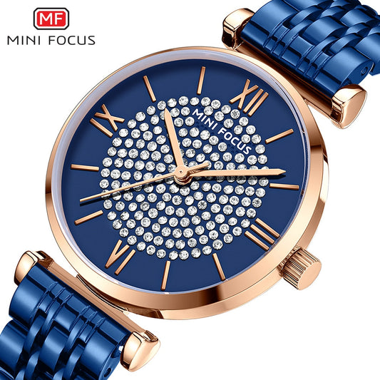 MINI FOCUS Ladies Blue Wristwatch Women Rhinestone Full Diamond Watches Top Luxury Brand Waterproof Quartz Female Clock