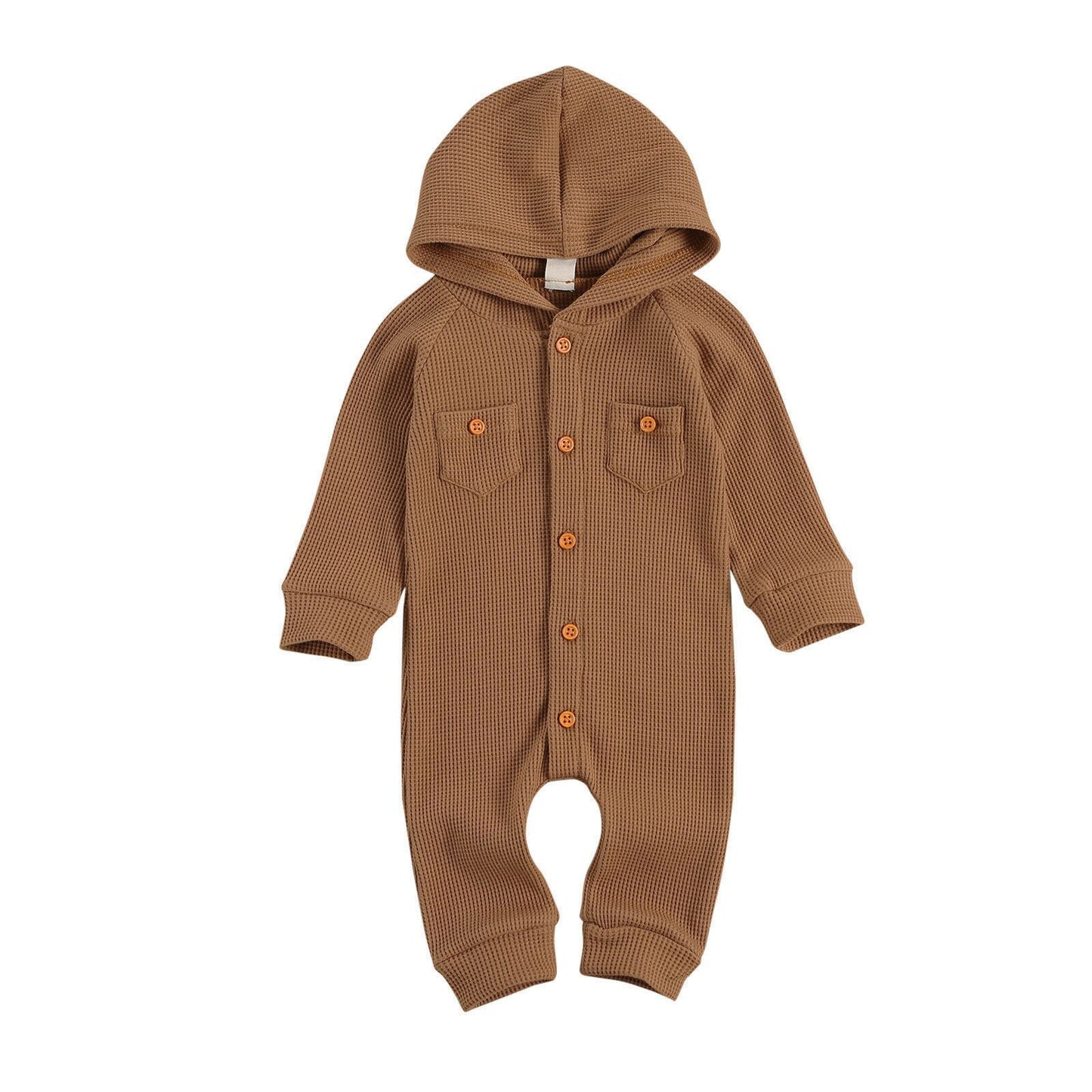 lioraitiin 0-24M Newborn Baby Boy Girl Fall Waffle Pattern Rompe Long Sleeve Single Breasted Hooded Jumpsuits Two Front Pockets