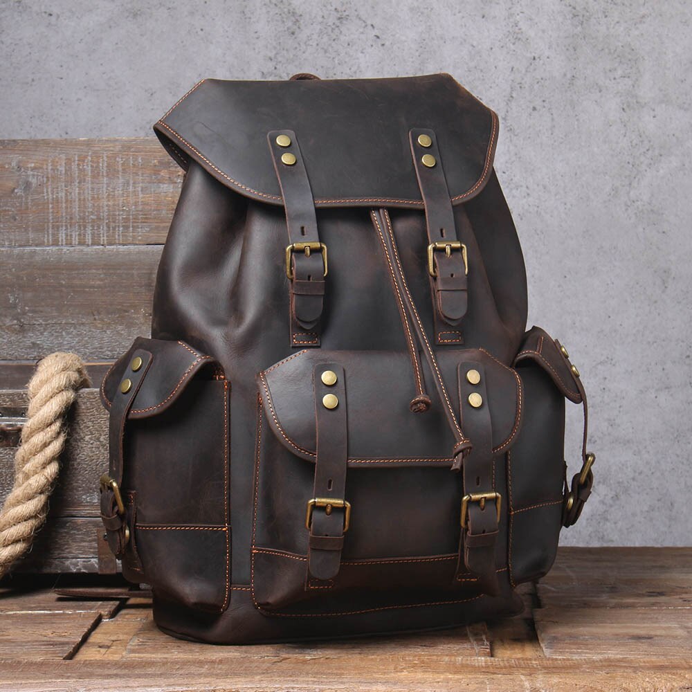 5 days arrival,Men&#39;s Vintage Full Grain Leather Backpack Large Capacity Genuine Leather Daypack Laptop Document Cowhide Backpack
