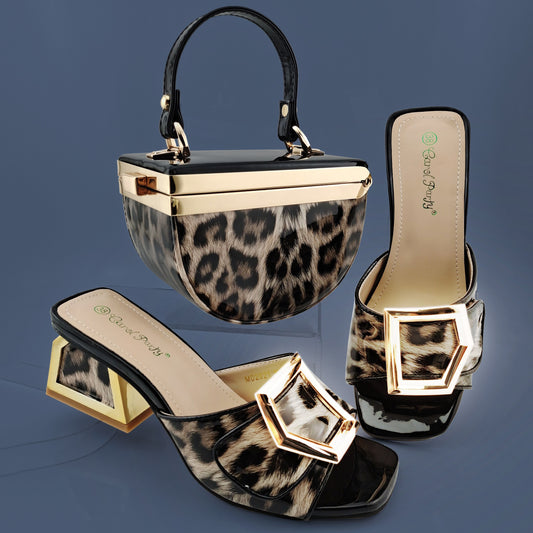 QSGFC Italian Design Leopard Spots Pattern Shoes Women and Bag Matching Set Patent Leather For Party Fashion Comfortable Middle