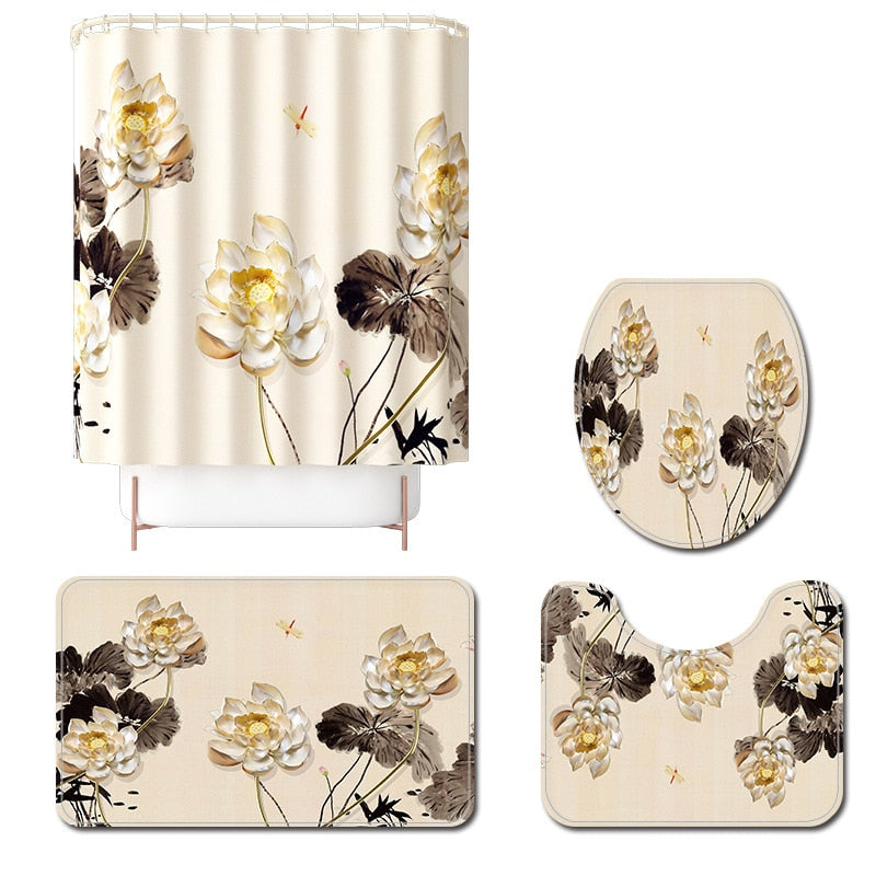 4pcs Floral Bathroom Carpet Bath Curtain Set Toilet Rugs and Shower Curtain Toilet Seat Cover Floor Mat Bathroom Mat Shower Mat