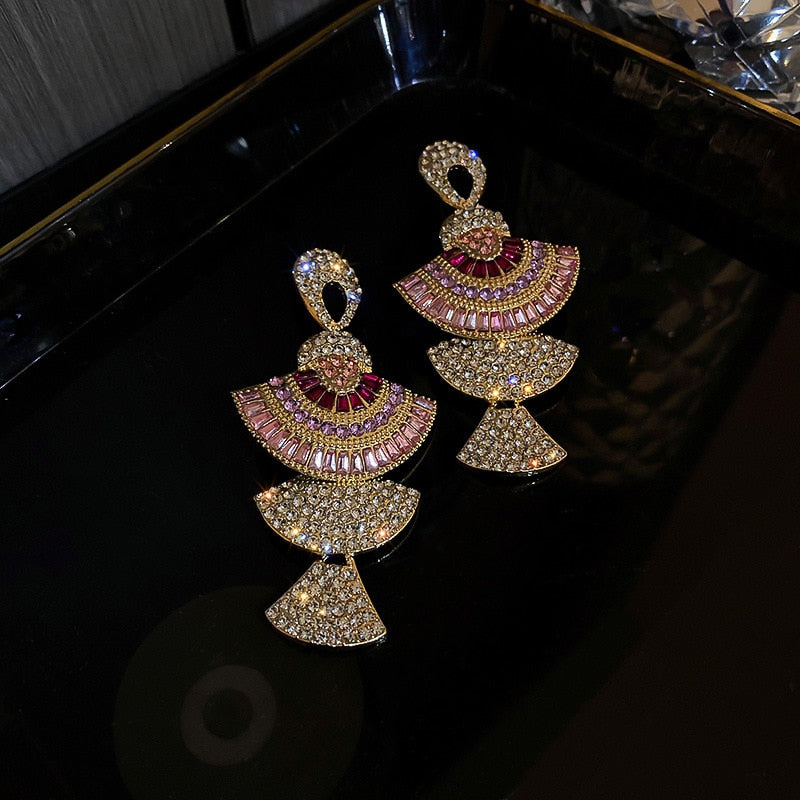 FYUAN Vintage Baroque Style Geometric Drop Earrings Women Pink Zircon Crystal Sector Dangle Earrings Banquet Jewelry Accessories