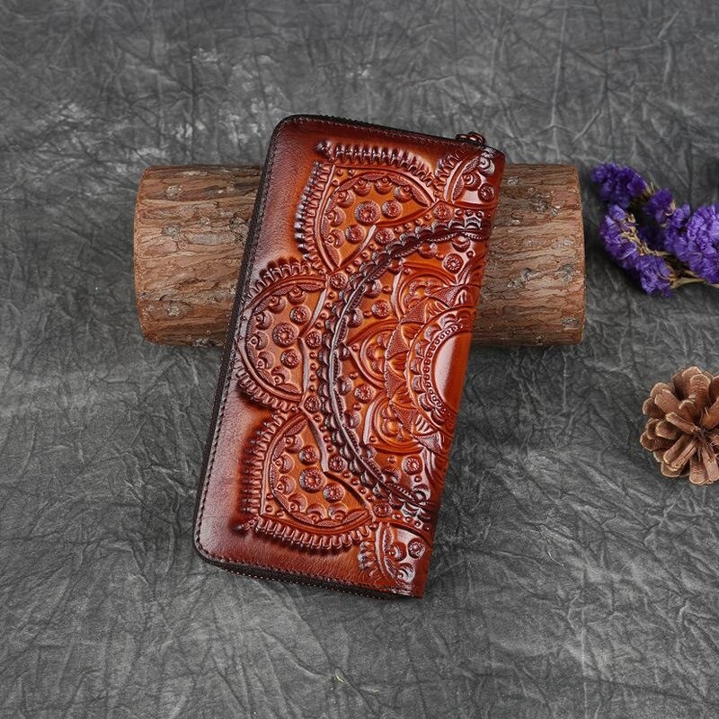 MOTAORA Retro Girl&#39;s Wallet Long Hand Bag Women&#39;s Leather Handmade Embossed Floral Phone Purse Chinses Style Ladies Card Holder