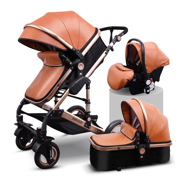 Babyfond Baby Stroller 3 in 1 High Landscape Baby Cart PU Leather Stroller With Car Seat 2 in 1 Luxury Baby Stroller CE Safety
