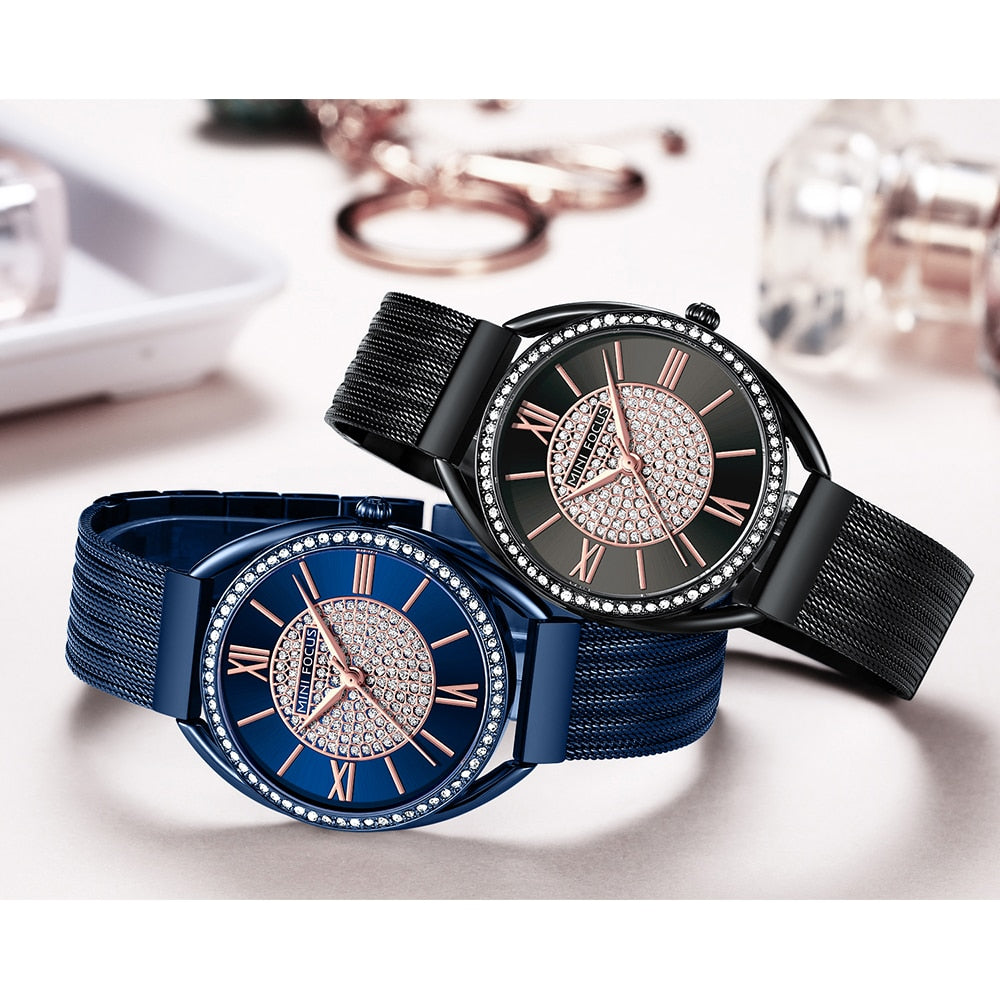 MINI FOCUS Trendy Crystal Watch for Women Business Dress Ladies Watches Top Brand Luxury Diamond Quartz  Steel Strap Wristwatch