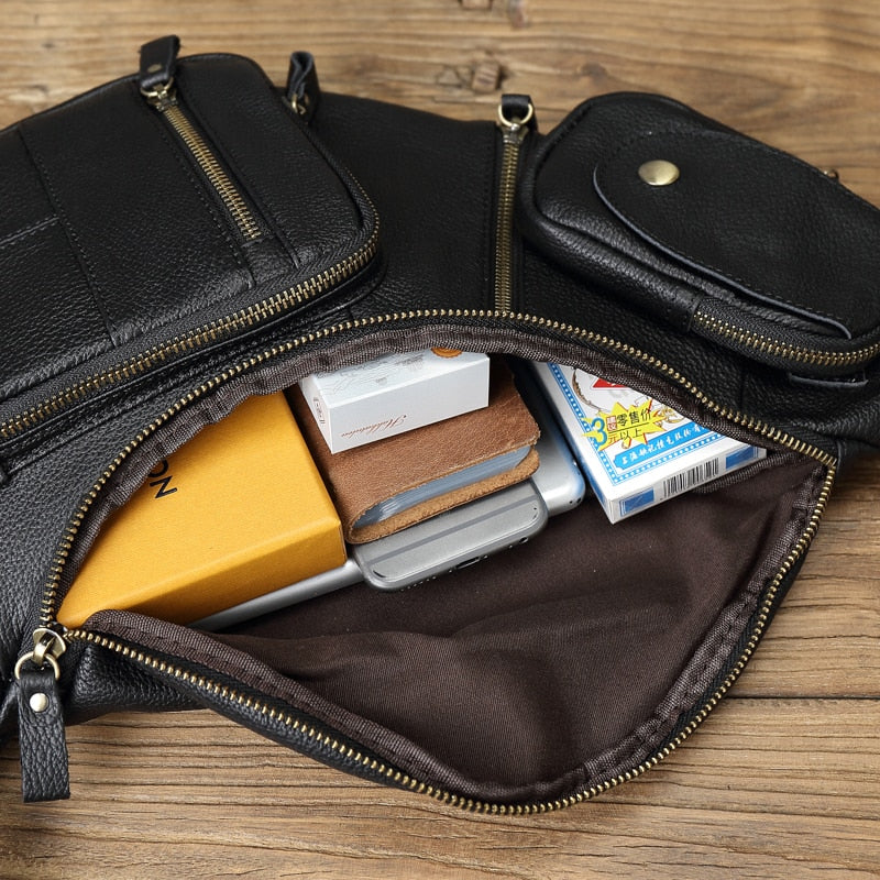 NZPJ Leather Men&#39;s Chest Bag Retro Top Layer Cowhide Casual Messenger Bag Korean Version Shoulder Bag Large-Capacity Sports Bag