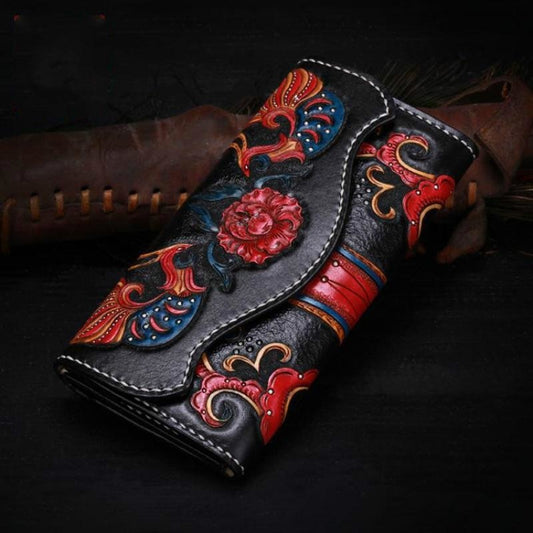 MOTAORA Ladies Handmade Carved Leather Vintage Women&#39;s Wallet Card Holder Floral Cowhide Purse Wallets Chinese Style Retro Bag