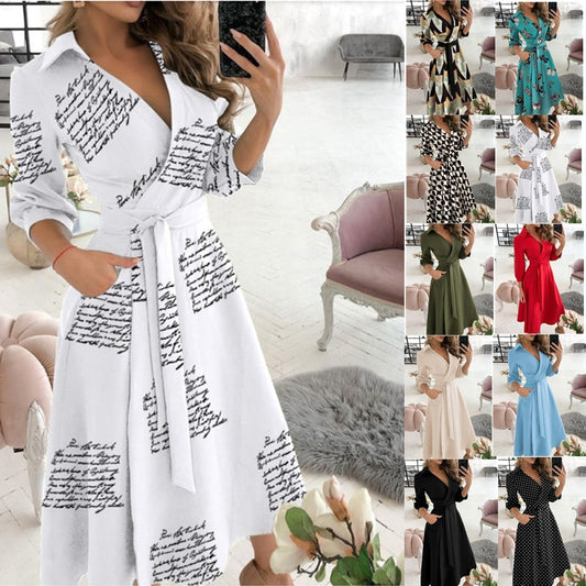 Office Lady Large Size Bridesmaid Dress 2021 Vestido Feminino Long Sleeve Autumn Lapel V-neck Print Solid Womens Formal Dresses