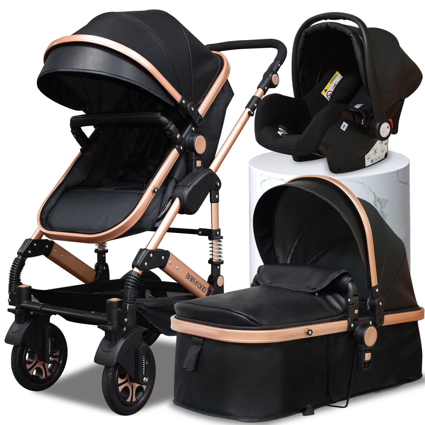 Babyfond Baby Stroller 3 in 1 High Landscape Baby Cart PU Leather Stroller With Car Seat 2 in 1 Luxury Baby Stroller CE Safety