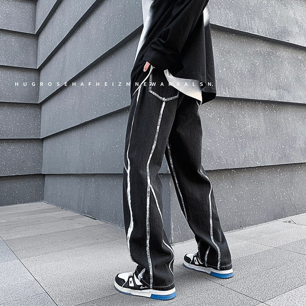 Men&#39;s High Street Line Print Denim Pants Fashion Streetwear Straight Jeans For Men Baggy Casual Biker Jeans Black/Light blue