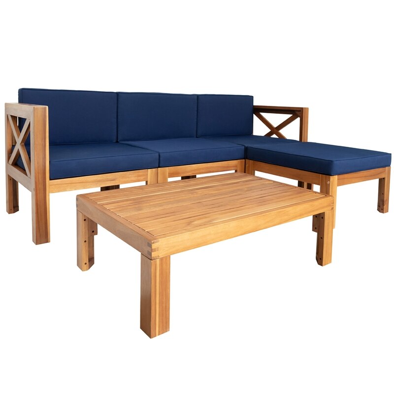 Outdoor Backyard Patio Wood 5-Piece Sectional Sofa Seating Group Set With Cushions, Natural Finish+ Blue Cushions