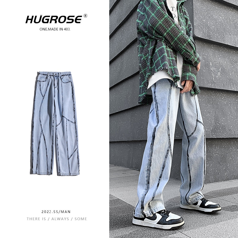 Men&#39;s High Street Line Print Denim Pants Fashion Streetwear Straight Jeans For Men Baggy Casual Biker Jeans Black/Light blue