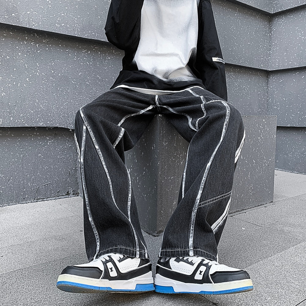 Men&#39;s High Street Line Print Denim Pants Fashion Streetwear Straight Jeans For Men Baggy Casual Biker Jeans Black/Light blue