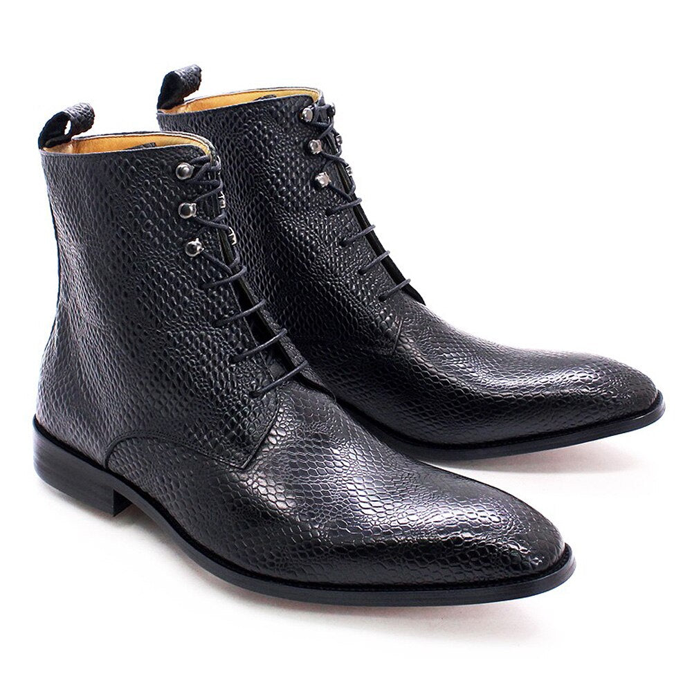 Luxury Mens Ankle Boots Real Cow Leather Snake Pattern Street Style High Top Mid-Calf Lace Up Western Winter Boots for Men 2021
