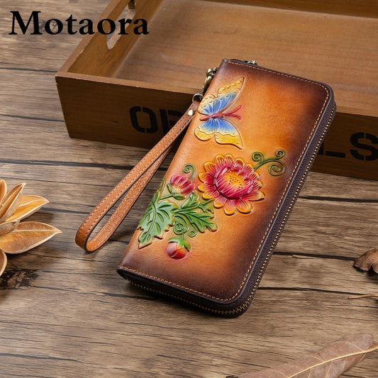 MOTAORA Women&#39;s Retro Wallet Genuine Leather Vintage Purse Women Chinese Style Embossed Card Holder Ladies Casual Female Clutch