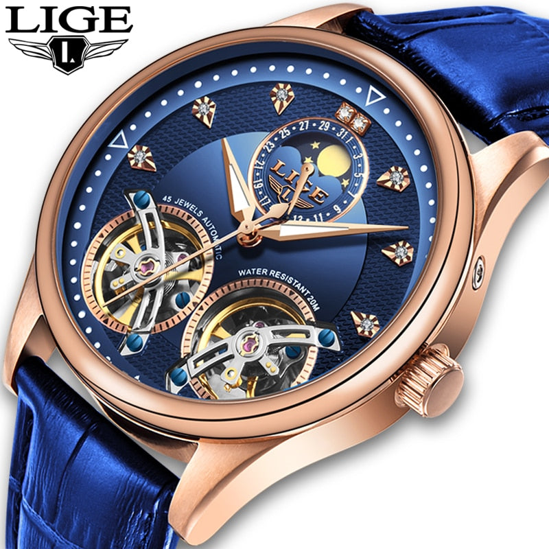 Reloj LIGE Double Tourbillon Switzerland men Watches Automatic Watch men Self-Wind Fashion Mechanical Wristwatch Leather Clock