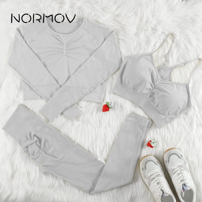 NORMOV Yoga Sets 2/3/4 Pieces Sports Seamless Fitness Suits Gym Sexy Sets 2021 Long Short Women Set Workout Sportswear