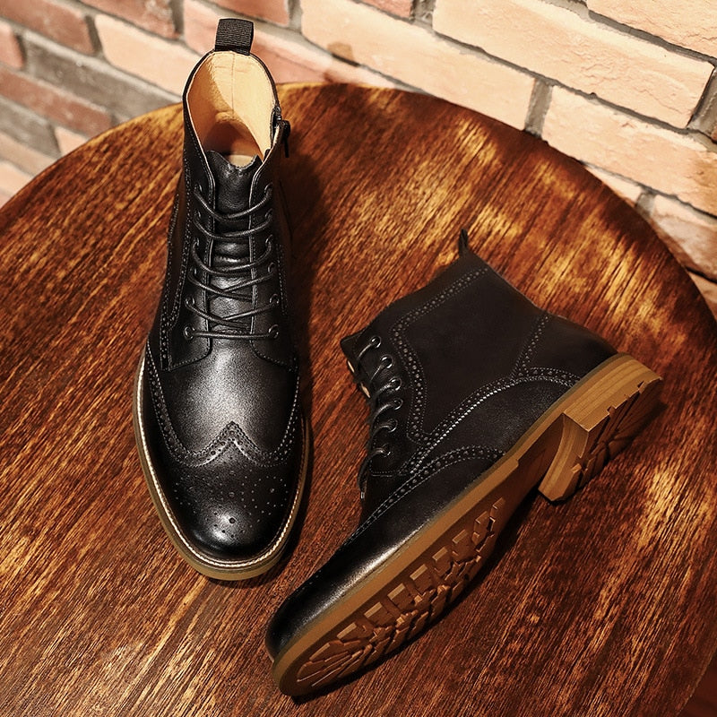 DESAI Chelsea Upgraded Zipper Men&#39;s Brock Boots Carved Business British Style Men&#39;s Shoes Genuine Leather Boots Men Ankle Boots
