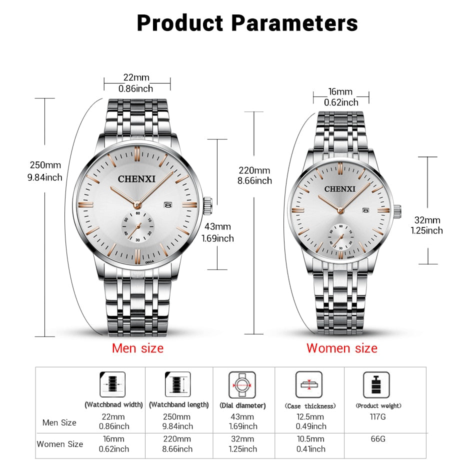 CHENXI Lover&#39;s Wristwatches Women Fashion Watches Men or Lady Quartz Watch Silver Stainless steel Waterproof Clock Date Watches